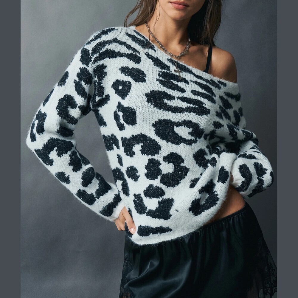 Black / White Leopard Print Knit Off-Shoulder Boat Neck Sweater